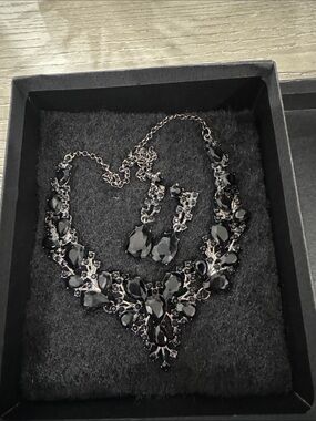 Black Crystal Bib Necklace and Earring Set - Dramatic Evening Jewelry
